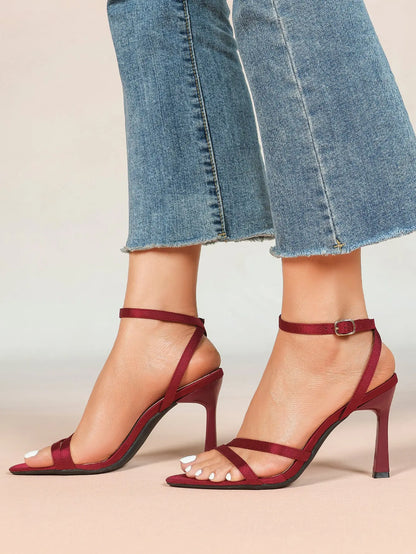 Women's Red Satin High-Heel Sandals Pointed Toe Strap Stiletto Heels for Wedding Party YISHIFAN