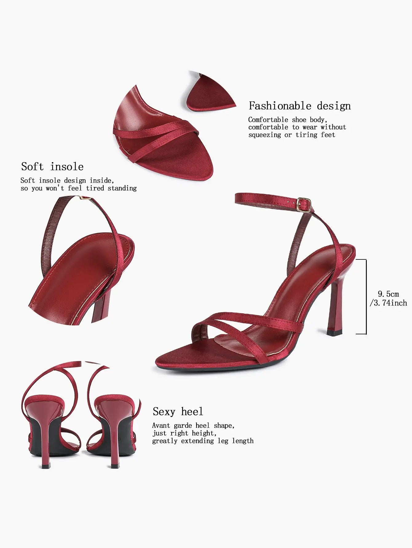 Women's Red Satin High-Heel Sandals Pointed Toe Strap Stiletto Heels for Wedding Party YISHIFAN