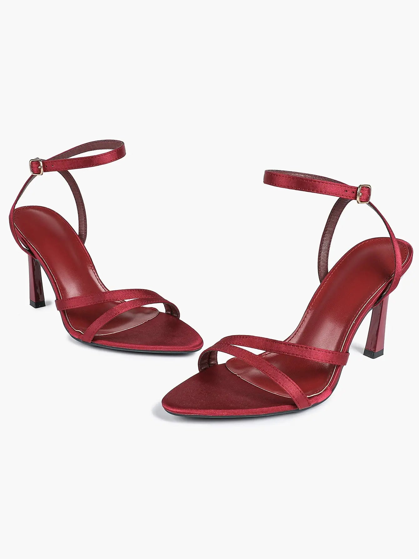 Women's Red Satin High-Heel Sandals Pointed Toe Strap Stiletto Heels for Wedding Party YISHIFAN