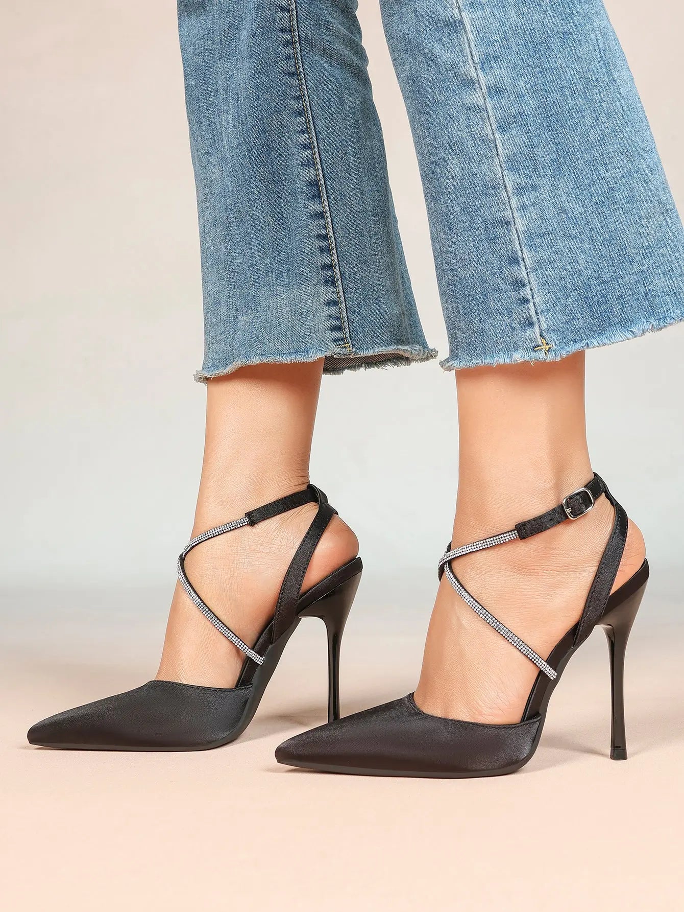 Women's Black Suede Pointed Closed Toe Open Back Stiletto Sandals Cross Strap High Heel Party Dress Shoes YISHIFAN