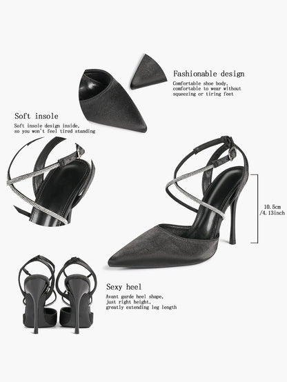 Women's Black Suede Pointed Closed Toe Open Back Stiletto Sandals Cross Strap High Heel Party Dress Shoes YISHIFAN