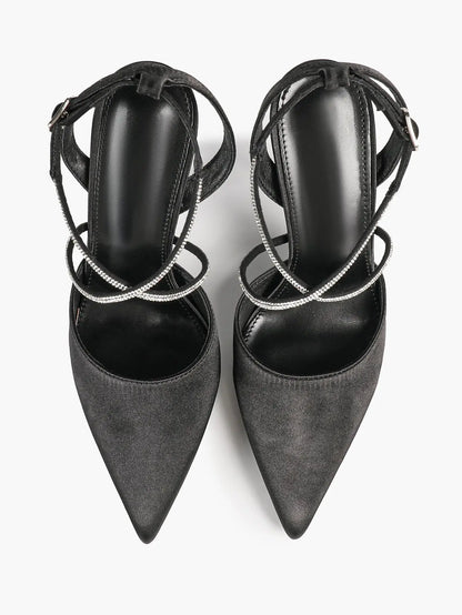Women's Black Suede Pointed Closed Toe Open Back Stiletto Sandals Cross Strap High Heel Party Dress Shoes YISHIFAN