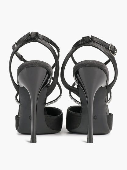 Women's Black Suede Pointed Closed Toe Open Back Stiletto Sandals Cross Strap High Heel Party Dress Shoes YISHIFAN