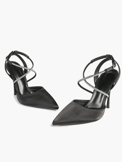 Women's Black Suede Pointed Closed Toe Open Back Stiletto Sandals Cross Strap High Heel Party Dress Shoes YISHIFAN