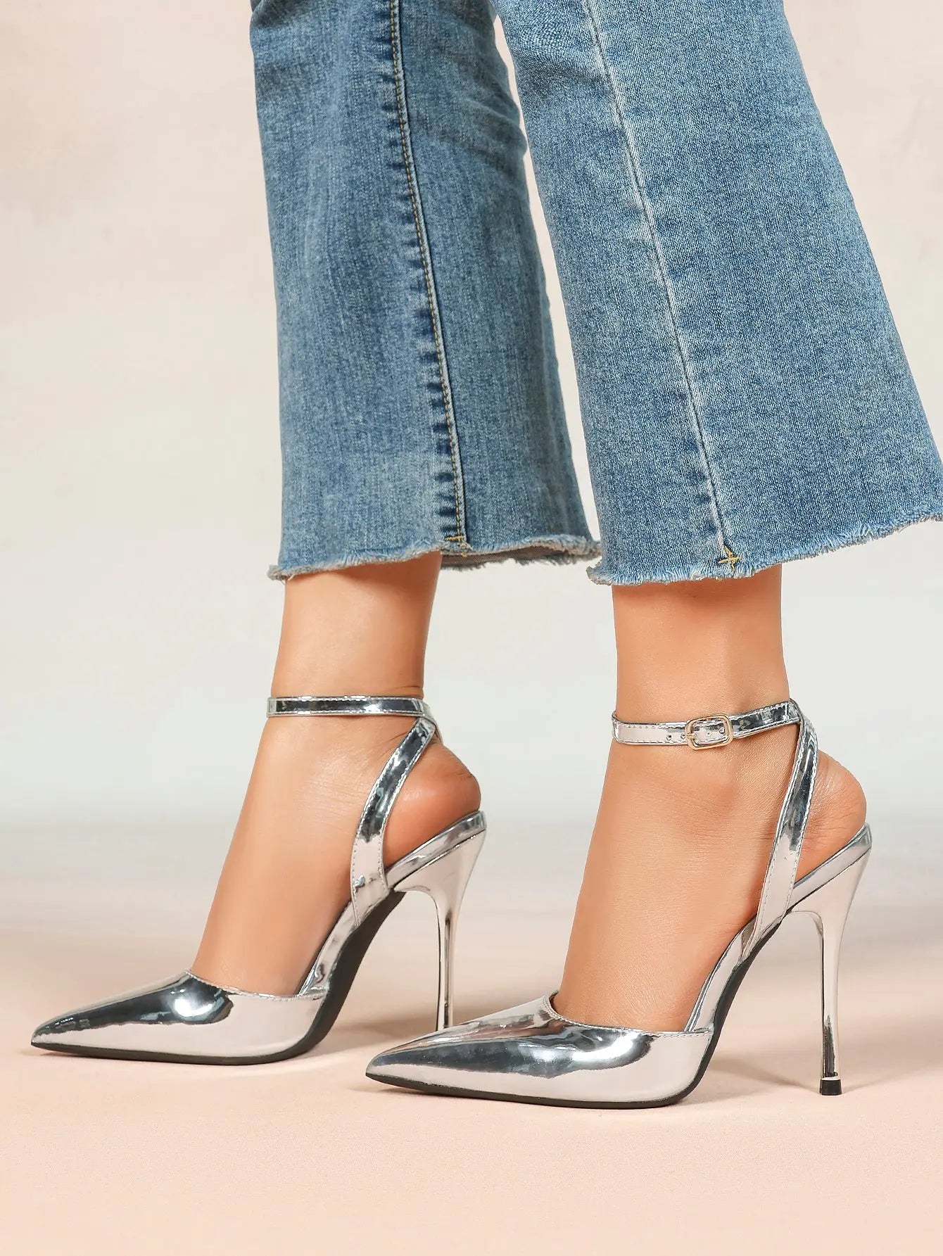 Women's Metallic Gloss Pointed Toe Adjustable Ankle Strap Heels Slingback Heel for Party Wedding Evening Club YISHIFAN