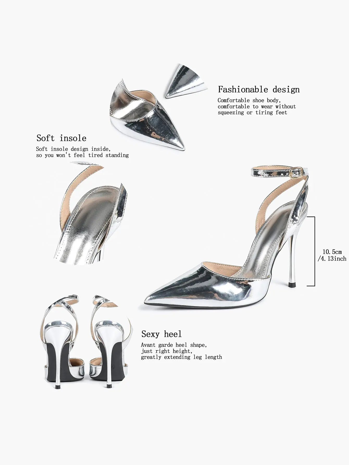 Women's Metallic Gloss Pointed Toe Adjustable Ankle Strap Heels Slingback Heel for Party Wedding Evening Club YISHIFAN