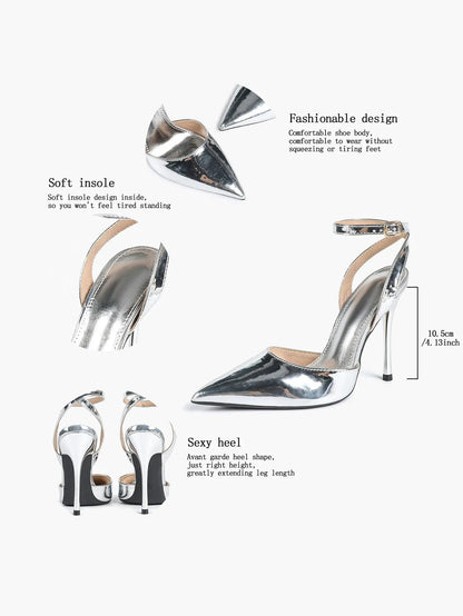 Women's Metallic Gloss Pointed Toe Adjustable Ankle Strap Heels Slingback Heel for Party Wedding Evening Club YISHIFAN