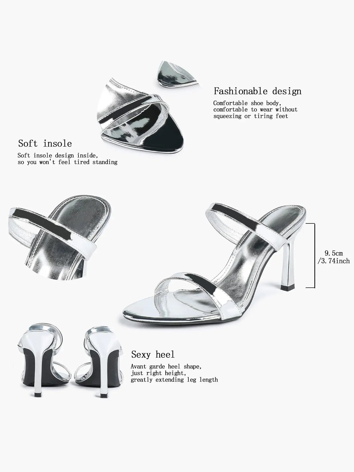 Women Metallic Silver Stiletto Sandals Open Toe Slingback Heel for Wedding Party Casual Dress Shoes YISHIFAN