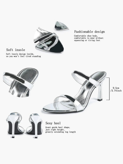 Women Metallic Silver Stiletto Sandals Open Toe Slingback Heel for Wedding Party Casual Dress Shoes YISHIFAN