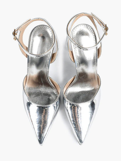 Women's Metallic Gloss Pointed Toe Adjustable Ankle Strap Heels Slingback Heel for Party Wedding Evening Club YISHIFAN