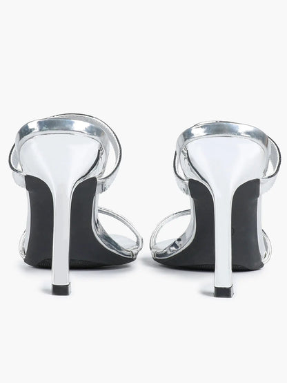 Women Metallic Silver Stiletto Sandals Open Toe Slingback Heel for Wedding Party Casual Dress Shoes YISHIFAN