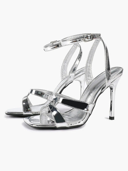 Women's Gold Leather Cross Strap Stiletto Heels 4.13 Inch Square Toe Ankle Strap Sandals YISHIFAN