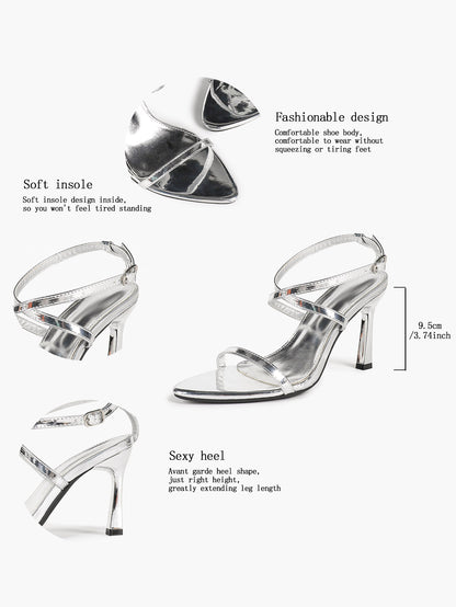 Silver Mirror Patent Crisscross Wraparound Strap Sandals Pointed Open Toe Stiletto Heels Sexy Club Party Shoes