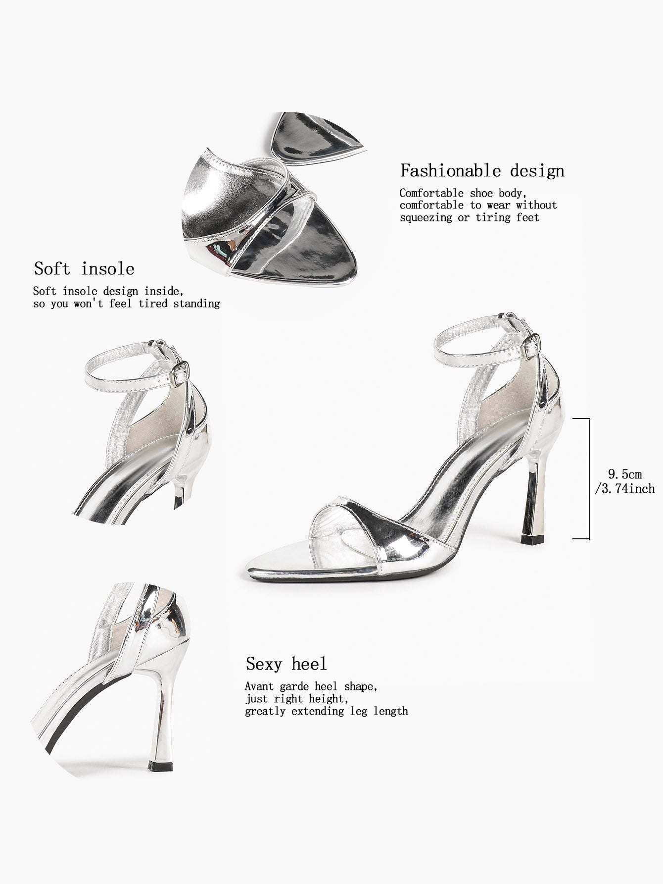 Silver Mirror Patent Single Band Sandals Ankle Strap Stiletto Heels Pointed Toe Elegant Date Shoes