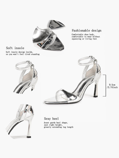 Silver Mirror Patent Single Band Sandals Ankle Strap Stiletto Heels Pointed Toe Elegant Date Shoes