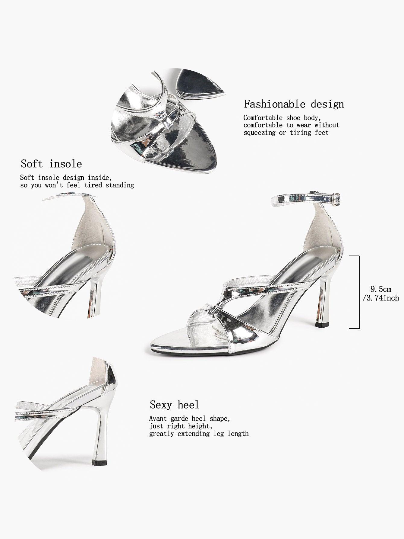 Silver Metallic Crisscross Strap Stilettos Pointed Open Toe Ankle Buckle Sandals Night Out Party Shoes