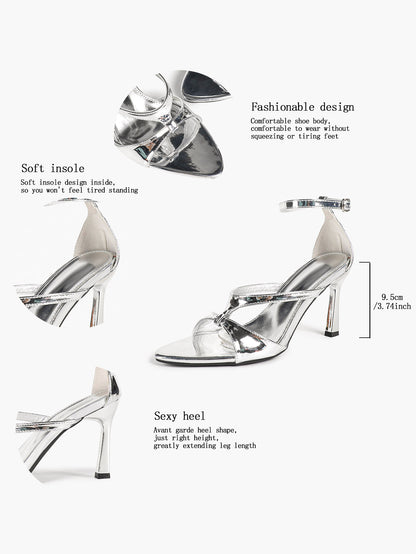 Silver Metallic Crisscross Strap Stilettos Pointed Open Toe Ankle Buckle Sandals Night Out Party Shoes
