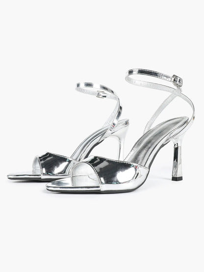 Women's Metallic Gloss Opened Pointed Toe Ankle Strap Stiletto Sandals Avant-Garde Heel for Party Casual YISHIFAN
