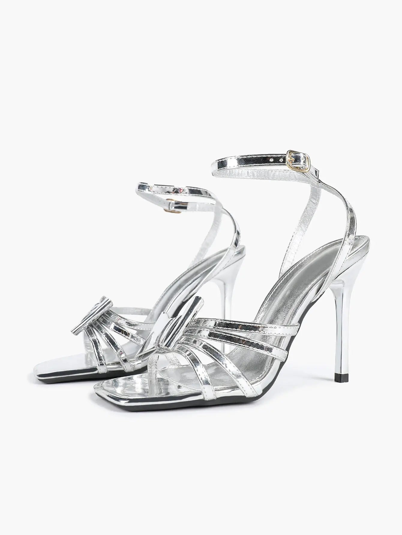 Women's Metallic Silver Open Toe Square Stiletto Sandals Galaxy Bowknot with Ankle Strap for Any Formal Scene YISHIFAN