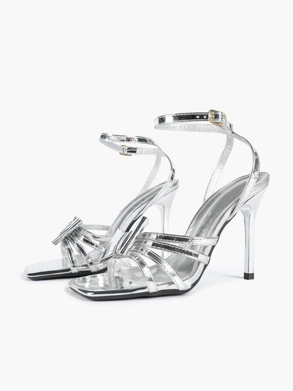 Women's Metallic Silver Open Toe Square Stiletto Sandals Galaxy Bowknot with Ankle Strap for Any Formal Scene YISHIFAN