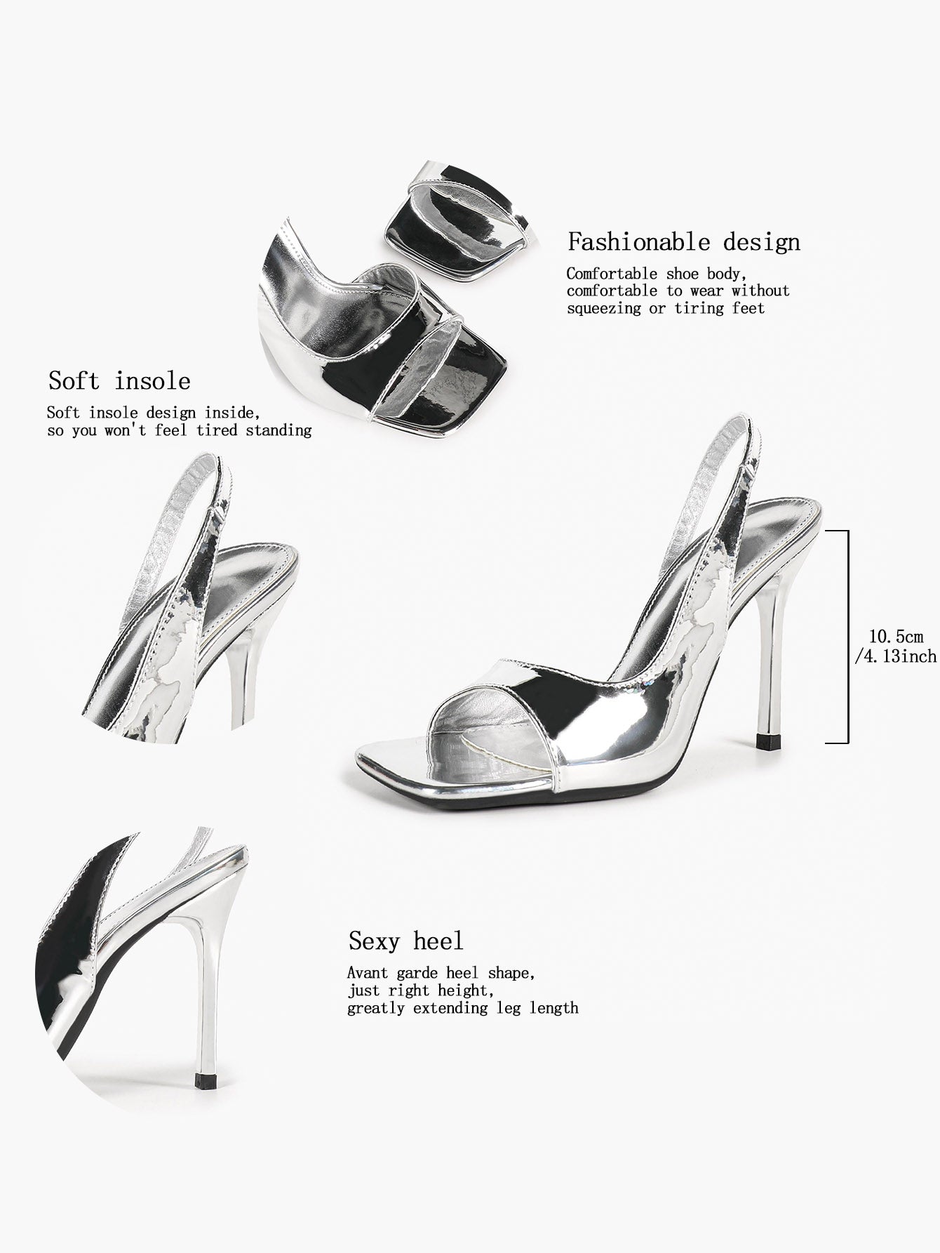Women's Silver Metallic Open Square Toe Stiletto Slingback Sandals Single Band Party Club Shoes