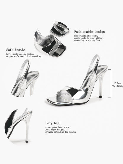 Women's Silver Metallic Open Square Toe Stiletto Slingback Sandals Single Band Party Club Shoes