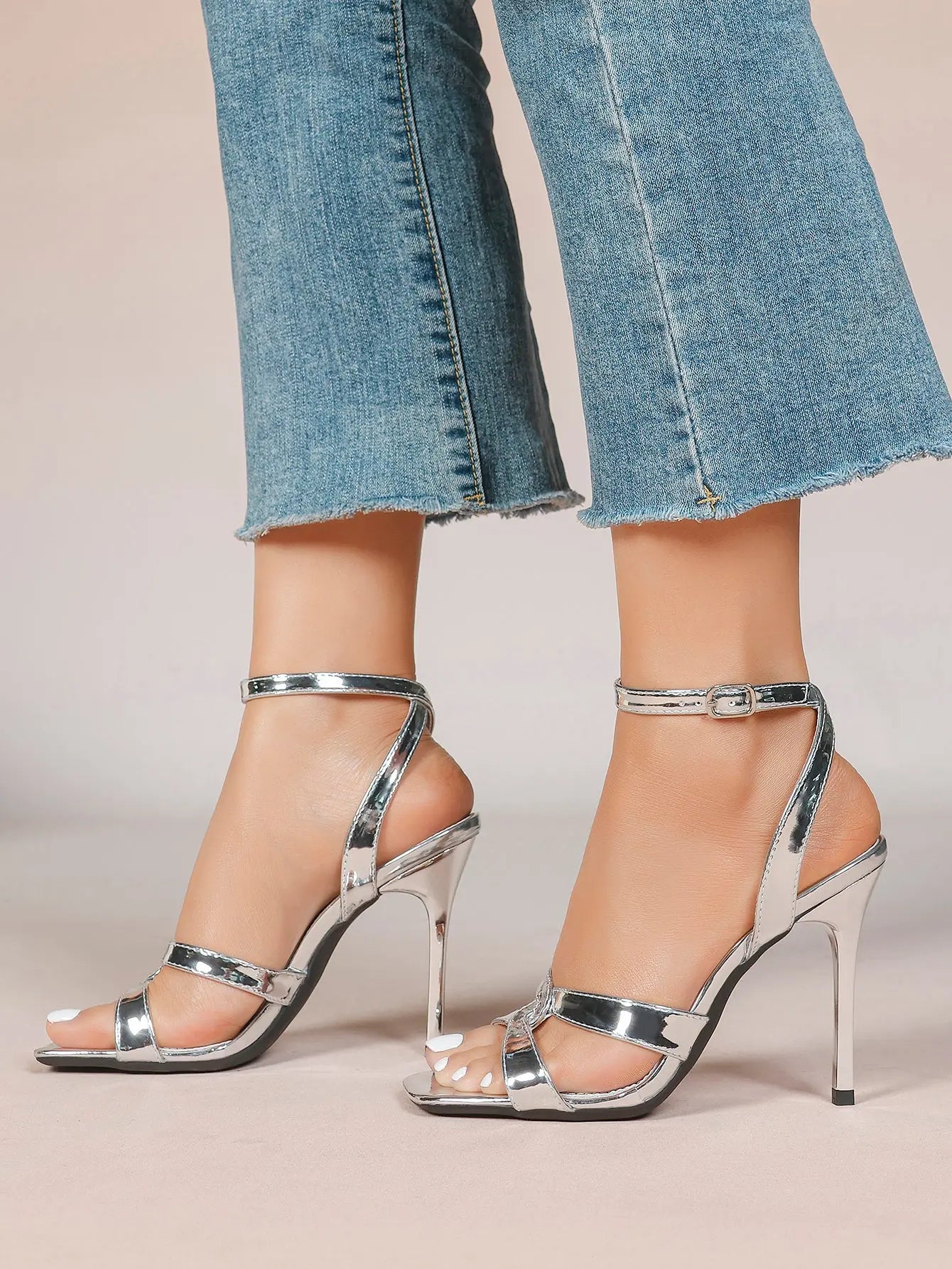 Women's Gold Leather Cross Strap Stiletto Heels 4.13 Inch Square Toe Ankle Strap Sandals YISHIFAN