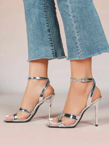 Women's Gold Leather Cross Strap Stiletto Heels 4.13 Inch Square Toe Ankle Strap Sandals YISHIFAN