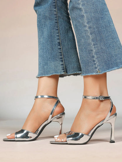 Women's Metallic Gloss Opened Pointed Toe Ankle Strap Stiletto Sandals Avant-Garde Heel for Party Casual YISHIFAN