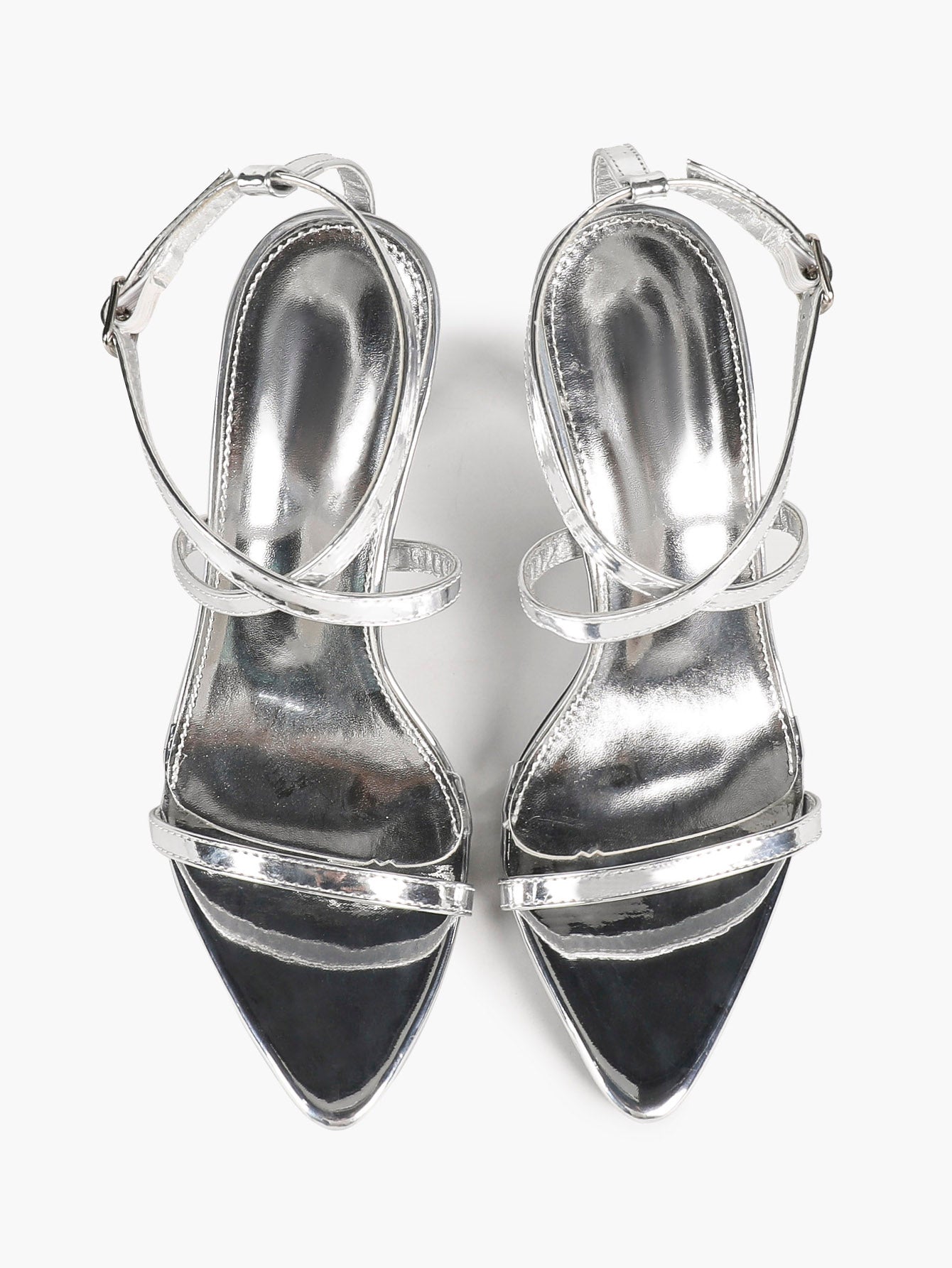 Silver Mirror Patent Crisscross Wraparound Strap Sandals Pointed Open Toe Stiletto Heels Sexy Club Party Shoes
