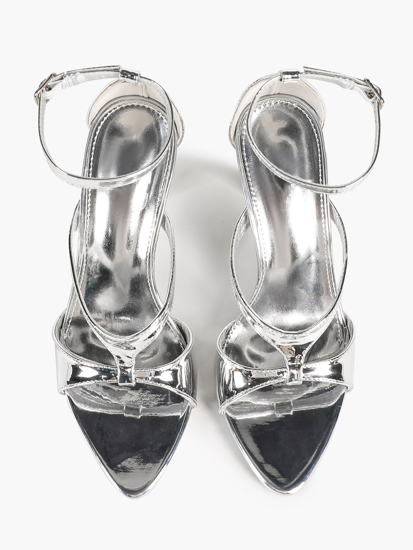 Silver Metallic Crisscross Strap Stilettos Pointed Open Toe Ankle Buckle Sandals Night Out Party Shoes