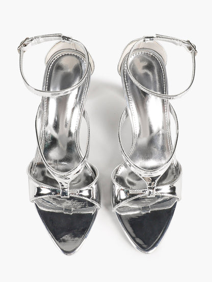 Silver Metallic Crisscross Strap Stilettos Pointed Open Toe Ankle Buckle Sandals Night Out Party Shoes