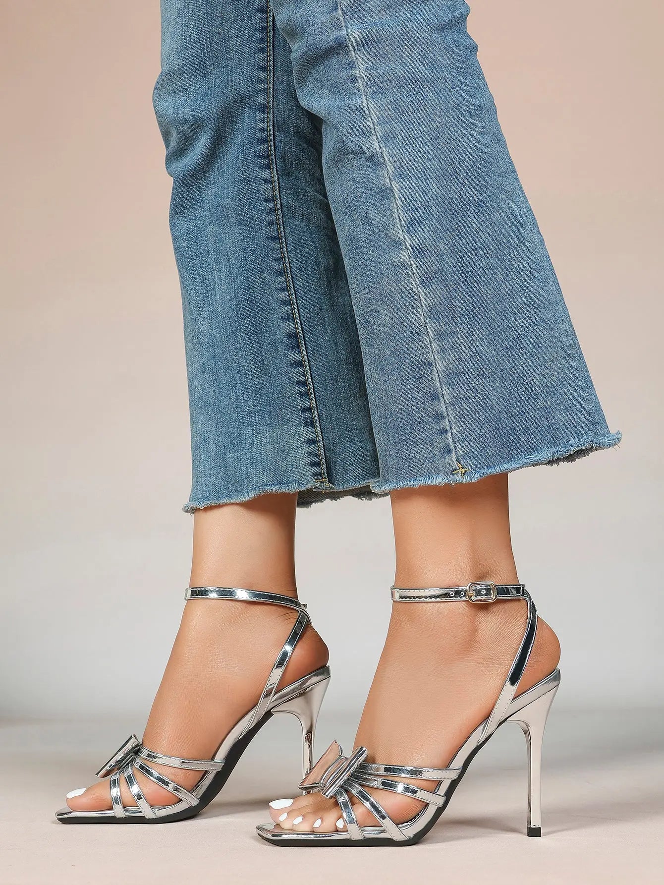 Women's Metallic Silver Open Toe Square Stiletto Sandals Galaxy Bowknot with Ankle Strap for Any Formal Scene YISHIFAN