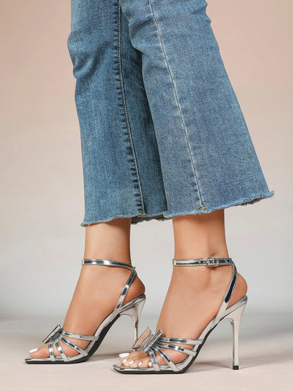 Women's Metallic Silver Open Toe Square Stiletto Sandals Galaxy Bowknot with Ankle Strap for Any Formal Scene YISHIFAN