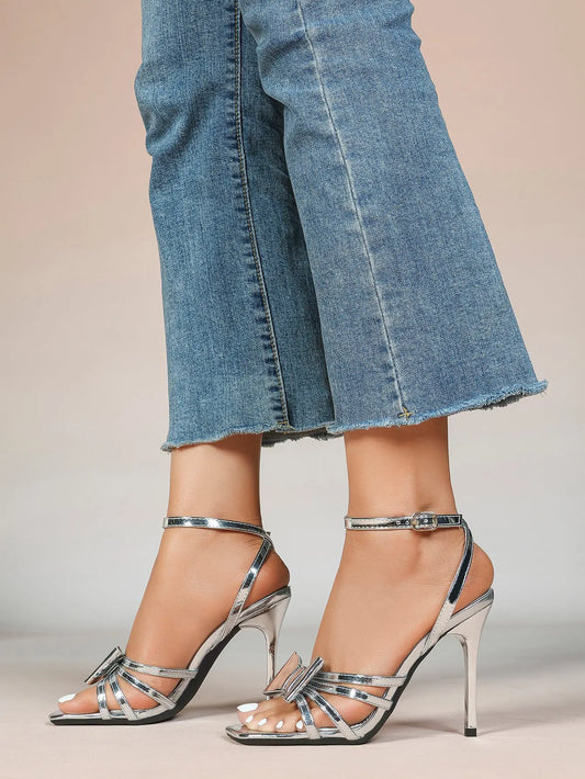 Women's Metallic Silver Open Toe Square Stiletto Sandals Galaxy Bowknot with Ankle Strap for Any Formal Scene YISHIFAN