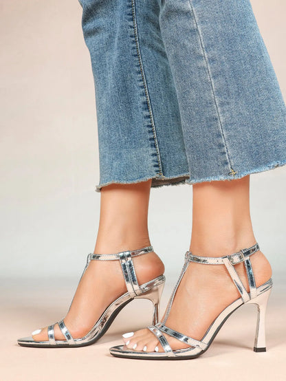 Women's Metallic Gold T-Strap Multi-Strap Stiletto Sandals Stiletto Heel for Party Office Shoes YISHIFAN