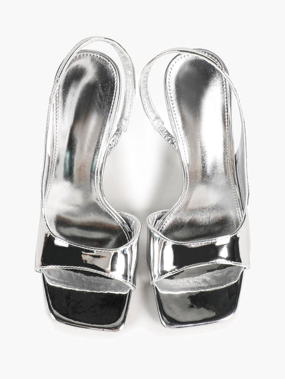 Women's Silver Metallic Open Square Toe Stiletto Slingback Sandals Single Band Party Club Shoes