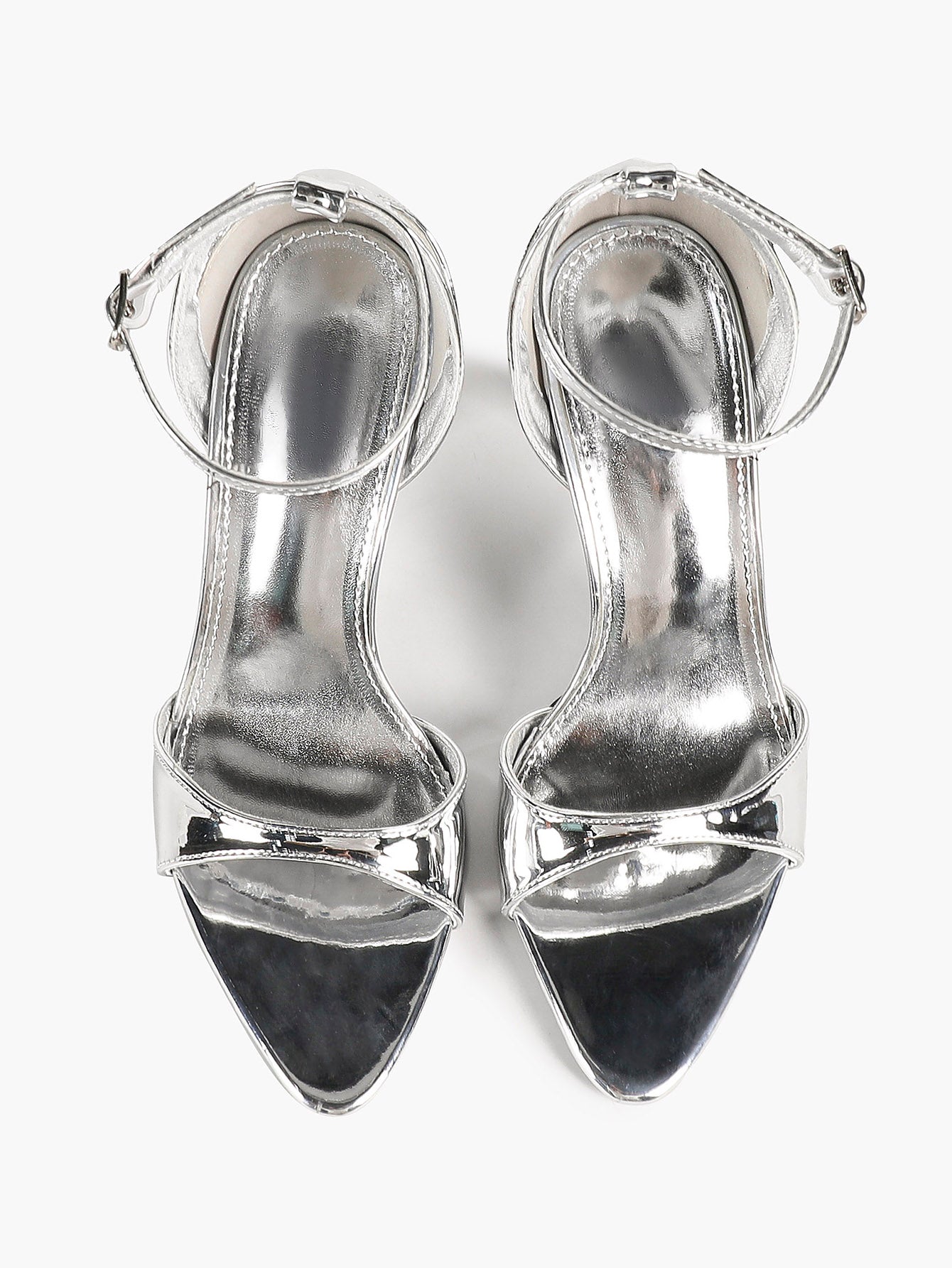 Silver Mirror Patent Single Band Sandals Ankle Strap Stiletto Heels Pointed Toe Elegant Date Shoes