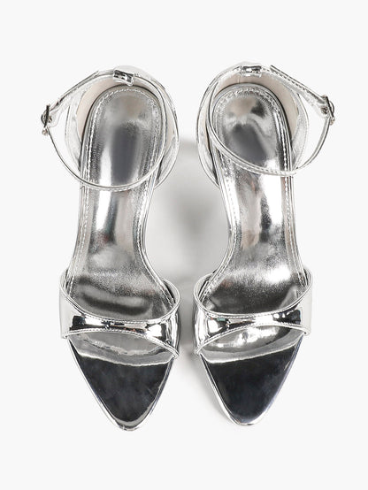 Silver Mirror Patent Single Band Sandals Ankle Strap Stiletto Heels Pointed Toe Elegant Date Shoes