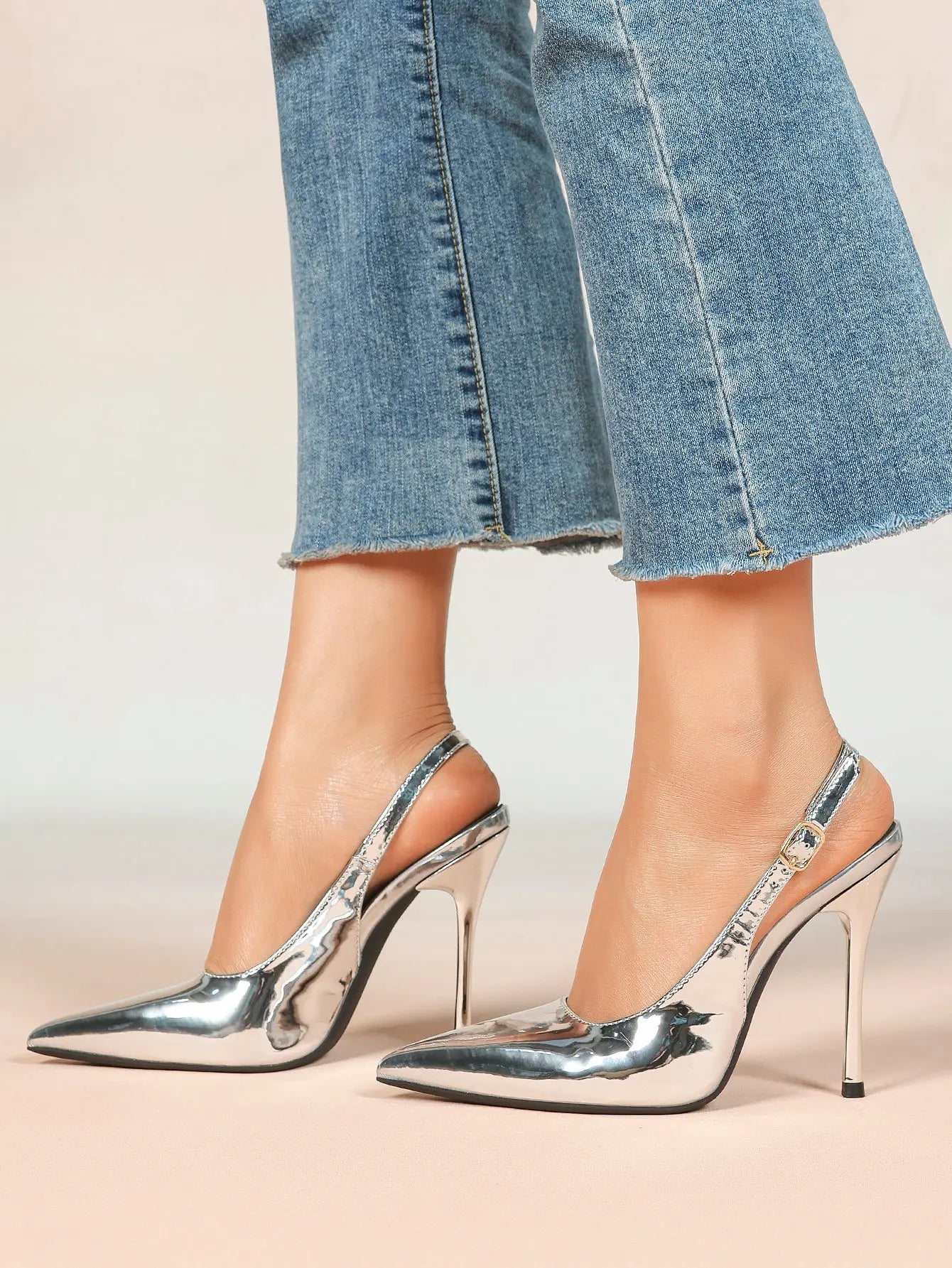 Women's Metallic Slingback Stiletto Pointed Toe with 4.13 Inch heel for Wedding Party Shoes YISHIFAN
