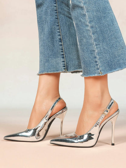 Women's Metallic Slingback Stiletto Pointed Toe with 4.13 Inch heel for Wedding Party Shoes YISHIFAN