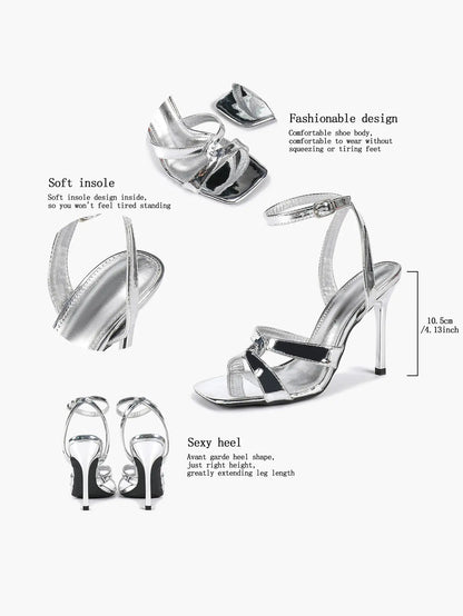 Women's Gold Leather Cross Strap Stiletto Heels 4.13 Inch Square Toe Ankle Strap Sandals YISHIFAN