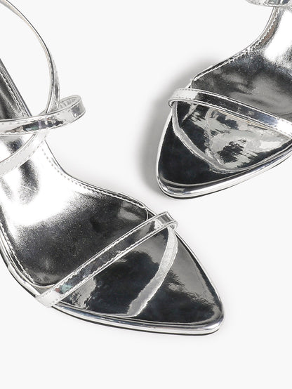 Silver Mirror Patent Crisscross Wraparound Strap Sandals Pointed Open Toe Stiletto Heels Sexy Club Party Shoes