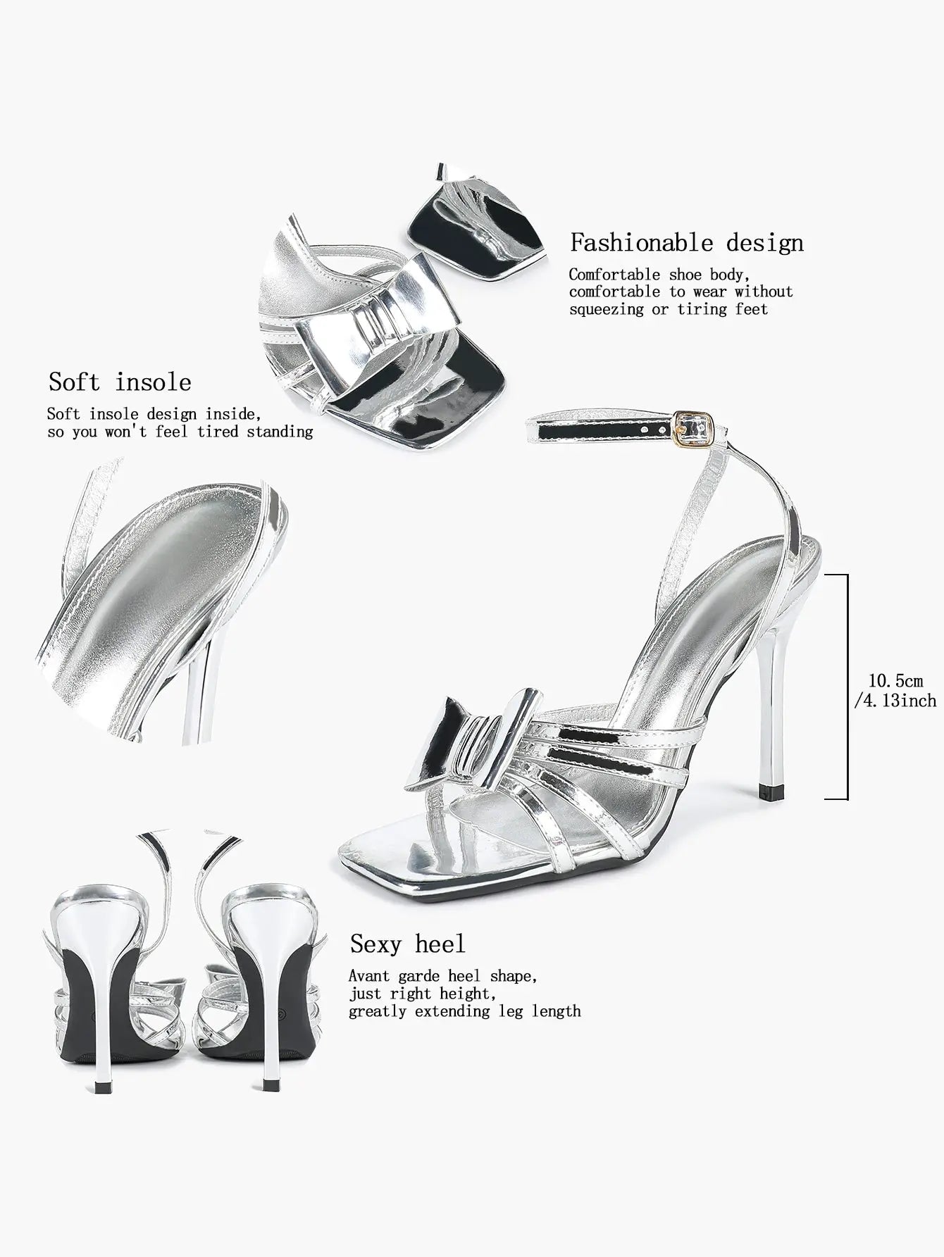 Women's Metallic Silver Open Toe Square Stiletto Sandals Galaxy Bowknot with Ankle Strap for Any Formal Scene YISHIFAN