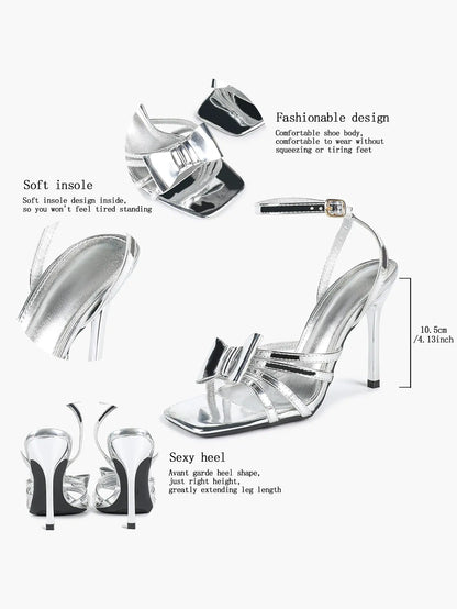 Women's Metallic Silver Open Toe Square Stiletto Sandals Galaxy Bowknot with Ankle Strap for Any Formal Scene YISHIFAN