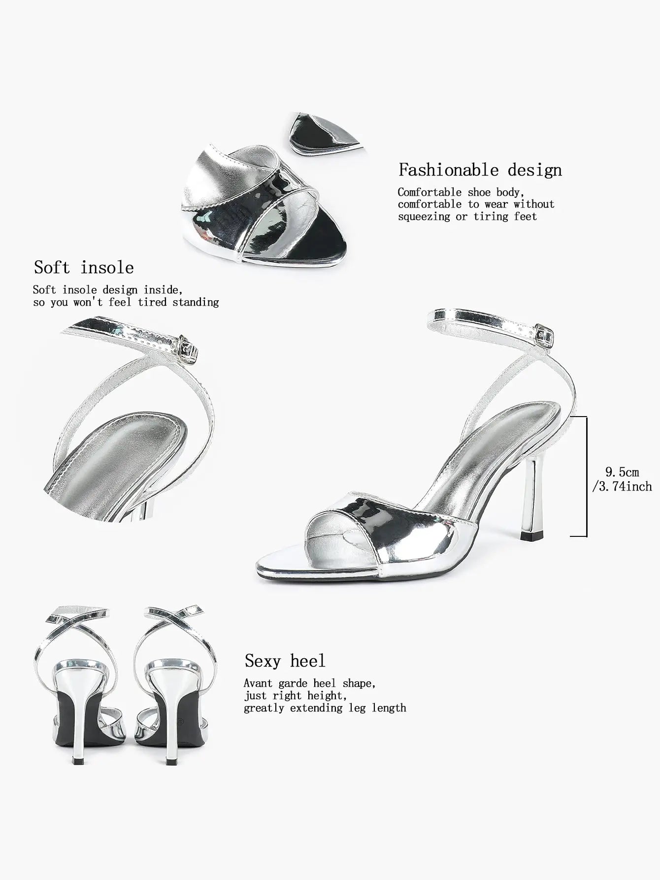 Women's Metallic Gloss Opened Pointed Toe Ankle Strap Stiletto Sandals Avant-Garde Heel for Party Casual YISHIFAN