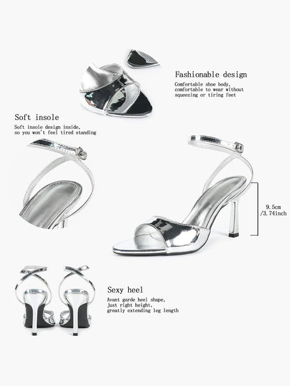 Women's Metallic Gloss Opened Pointed Toe Ankle Strap Stiletto Sandals Avant-Garde Heel for Party Casual YISHIFAN
