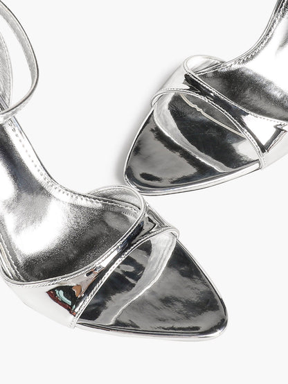Silver Mirror Patent Single Band Sandals Ankle Strap Stiletto Heels Pointed Toe Elegant Date Shoes