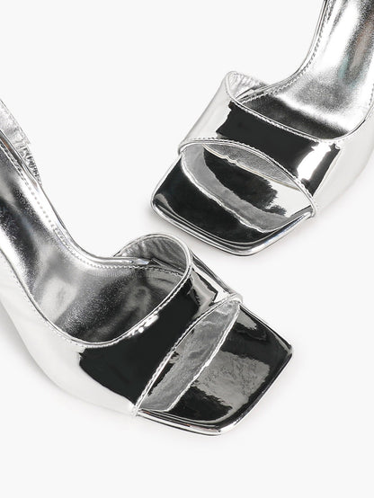 Women's Silver Metallic Open Square Toe Stiletto Slingback Sandals Single Band Party Club Shoes