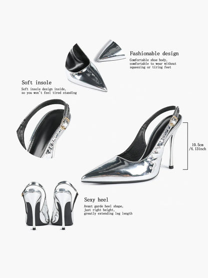 Women's Metallic Slingback Stiletto Pointed Toe with 4.13 Inch heel for Wedding Party Shoes YISHIFAN